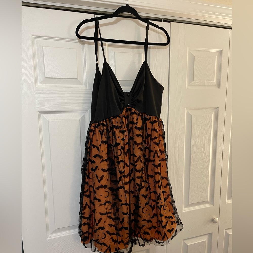 Halloween dress adjustable straps, black & orange with bats and moons.